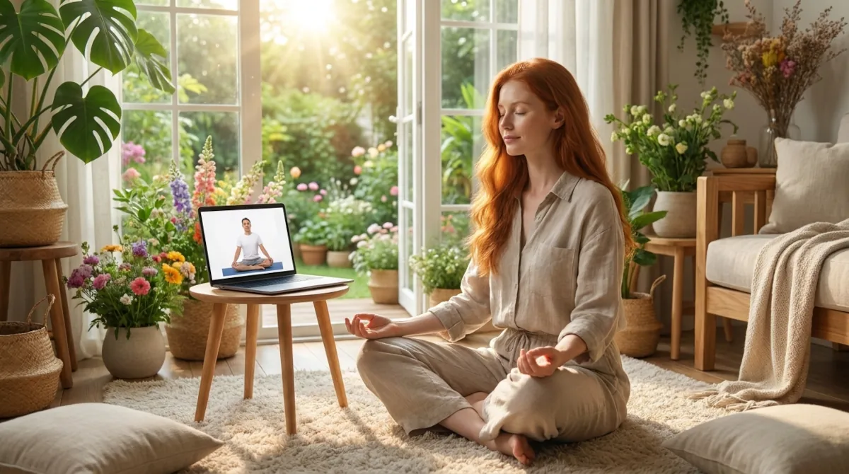 Pessoa em prática guiada de mindfulness em casa, acompanhando a sessão pelo laptop