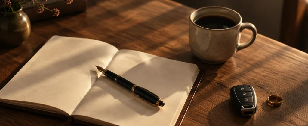 Agenda aberta sobre a mesa, com caneta, café frio, uma chave de carro e uma aliança